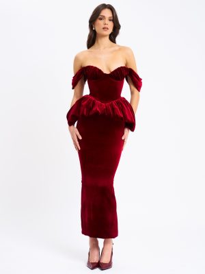 Abigail Velvet Off Shoulder Bubble Hem Peplum Maxi Dress