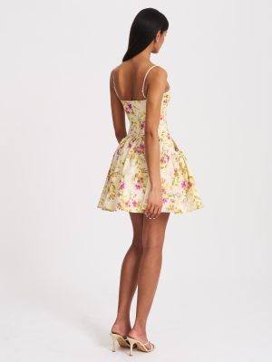 Valda Yellow and Pink Print Linen Mini Dress with Pockets