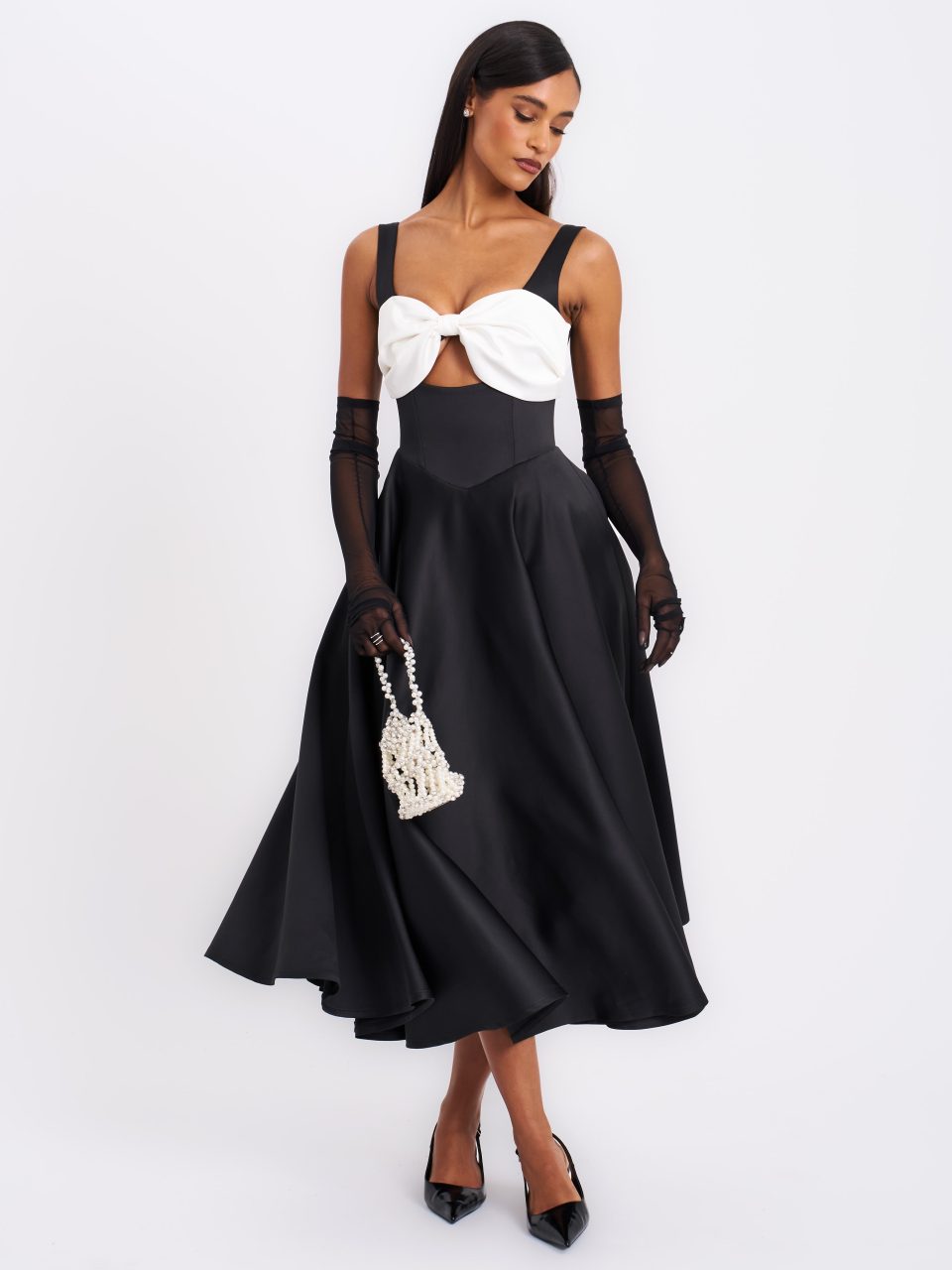 Edda Black Maxi Gown with White Bow