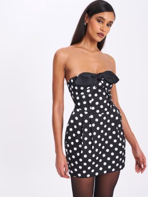 Tahira Black Polka Strapless Mini Dress with Bow