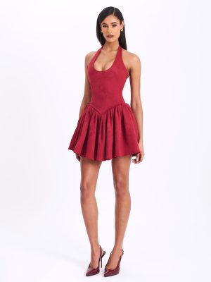 Hadara Burgundy Suede Halter Mini Full Dress