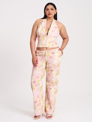 Lauren Pink Floral Print Ruched Back Linen Suit Vest