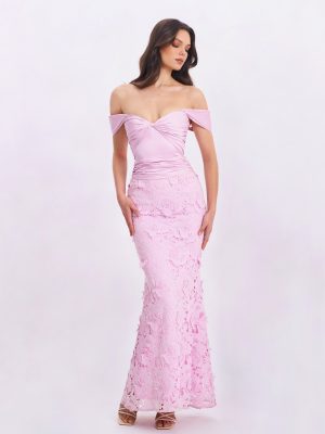 Dahlia Pink Floral Lace Mermaid Gown
