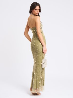 Ginny Pear Green Pearl Embellished Backless Gown