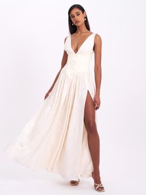 Sabrina Butter Yellow High Slit Jacquard Maxi Dress