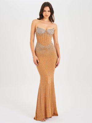 Fatima Nude Crystal Sleeveless Corset Mermaid Maxi Dress