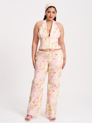 Lauren Pink Floral Print Ruched Back Linen Suit Vest