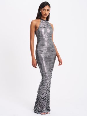 Abril Ruched Silver Glitter Backless Gown