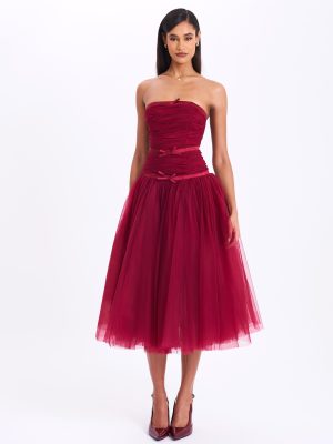Mabel Burgundy Drop Waist Layered Mesh Midi Puffy Dress with Bow