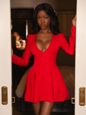 Ubah Red Blazer Pleated Button-up Long Sleeve Mini Dress