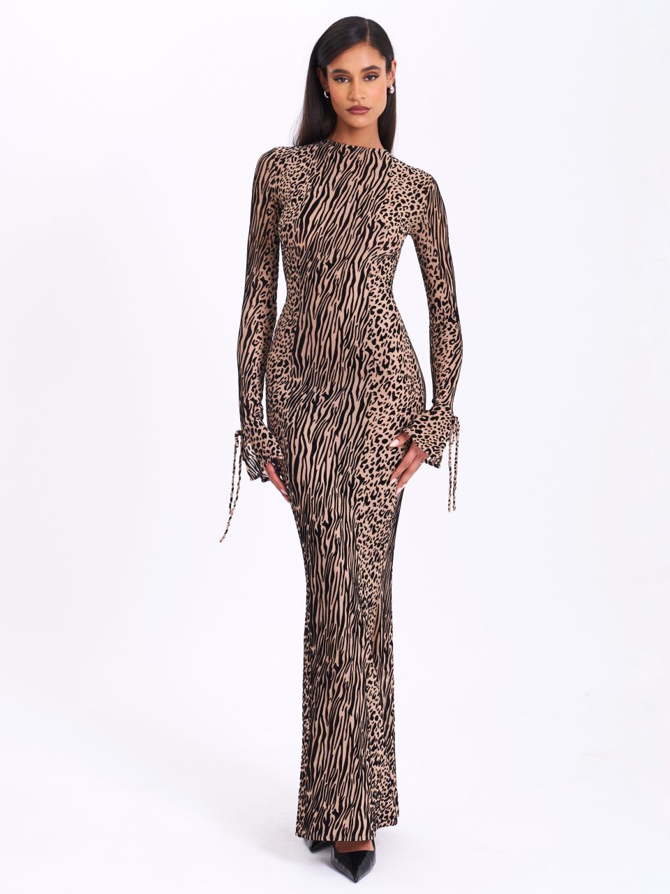 Waylynn Nude Black Animal Print Burnout Velvet Detail Mesh Backless Maxi Dress