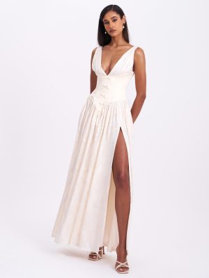 Sabrina Butter Yellow High Slit Jacquard Maxi Dress