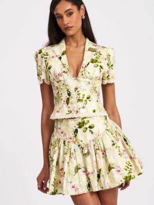 Zanella Green Floral Print Lace Trim Linen Top