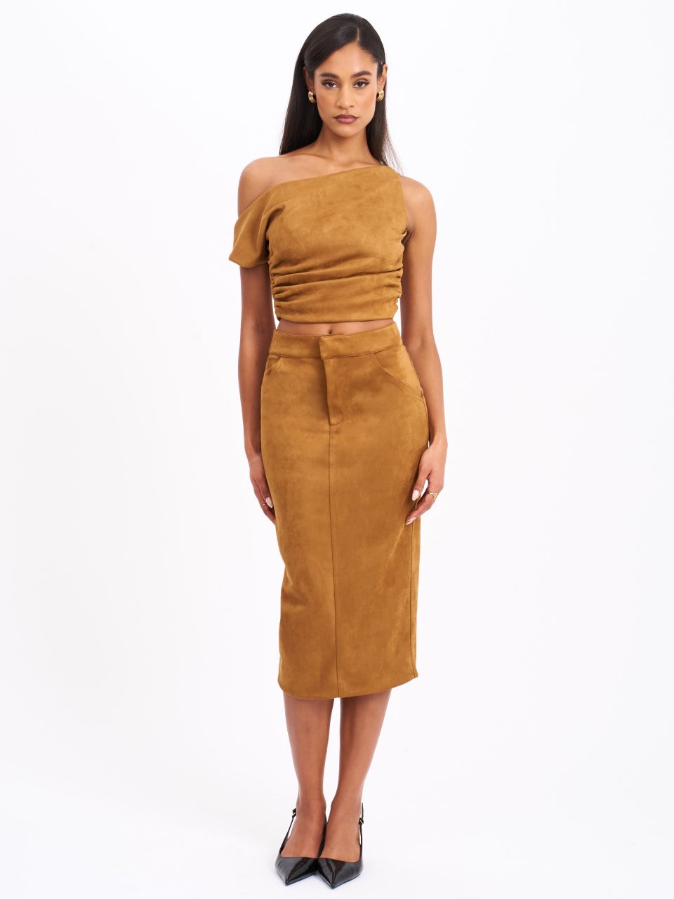 Zabrina Brown Suede Straight Pencil Skirt