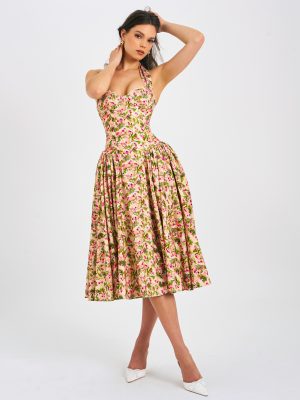 Niya Floral Print Linen Halter Corset Maxi Dress