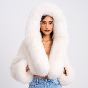 Kali White Cropped Vegan Fur Jacket With Hood