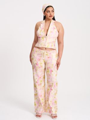 Lauren Pink Floral Print Ruched Back Linen Suit Vest