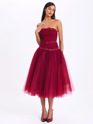 Mabel Burgundy Drop Waist Layered Mesh Midi Puffy Dress with Bow