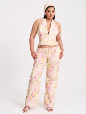 Lauren Pink Floral Print Ruched Back Linen Suit Vest