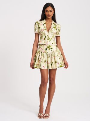 Zanella Green Floral Print Lace Trim Linen Top