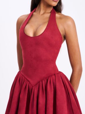 Hadara Burgundy Suede Halter Mini Full Dress