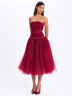 Mabel Burgundy Drop Waist Layered Mesh Midi Puffy Dress with Bow