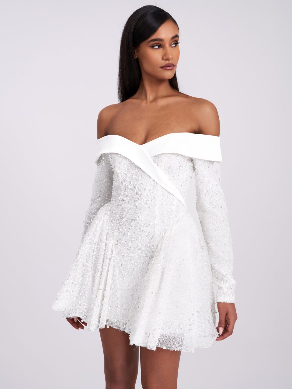 Kira Bead Embroidered Mesh Off Shoulder Long Sleeve Mini Dress