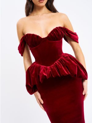 Abigail Velvet Off Shoulder Bubble Hem Peplum Maxi Dress