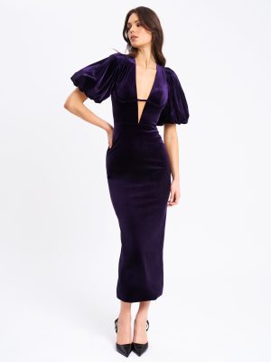 Coraline Purple Velvet Bubble Sleeve Backless Maxi Dress