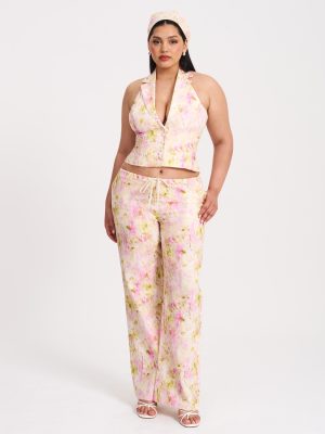 Lauren Pink Floral Print Ruched Back Linen Suit Vest