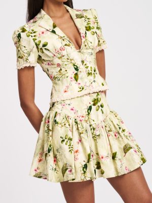 Zanella Green Floral Print Lace Trim Linen Top