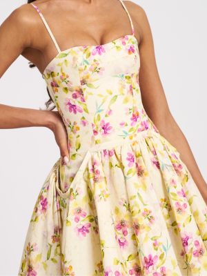 Valda Yellow and Pink Print Linen Mini Dress with Pockets