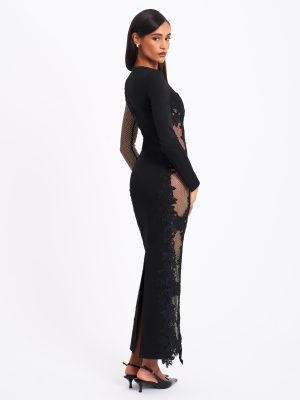 Bailey Lace Trim Crystal Net Cutout Long Sleeve Gown