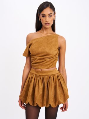Yuna Brown Suede Bubble Hem Skirt