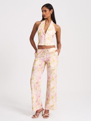 Lauren Pink Floral Print Ruched Back Linen Suit Vest