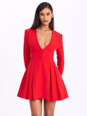Ubah Red Blazer Pleated Button-up Long Sleeve Mini Dress