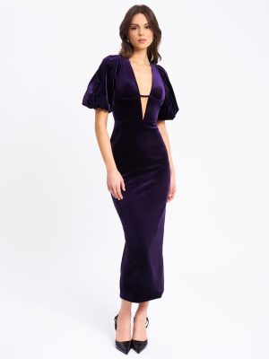 Coraline Purple Velvet Bubble Sleeve Backless Maxi Dress