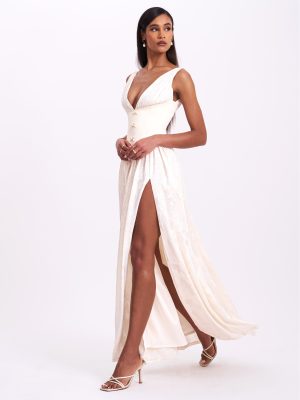 Sabrina Butter Yellow High Slit Jacquard Maxi Dress