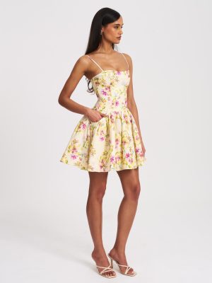 Valda Yellow and Pink Print Linen Mini Dress with Pockets