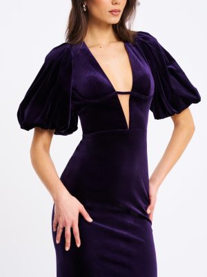 Coraline Purple Velvet Bubble Sleeve Backless Maxi Dress