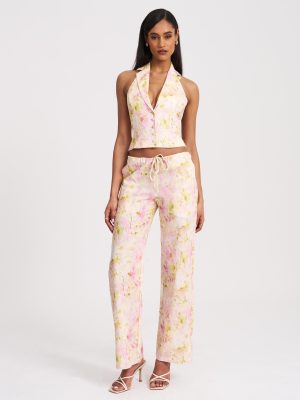 Lauren Pink Floral Print Ruched Back Linen Suit Vest