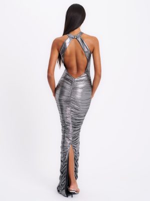 Abril Ruched Silver Glitter Backless Gown