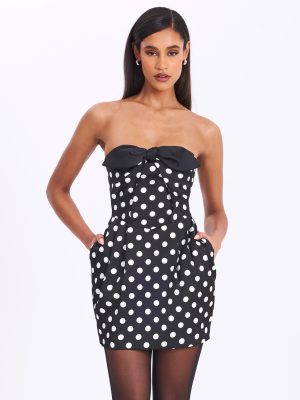 Tahira Black Polka Strapless Mini Dress with Bow