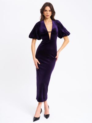 Coraline Purple Velvet Bubble Sleeve Backless Maxi Dress