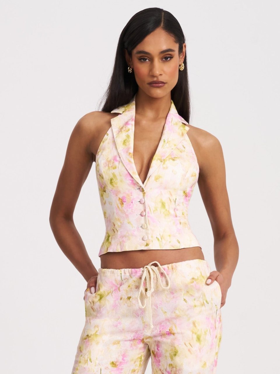 Lauren Pink Floral Print Ruched Back Linen Suit Vest
