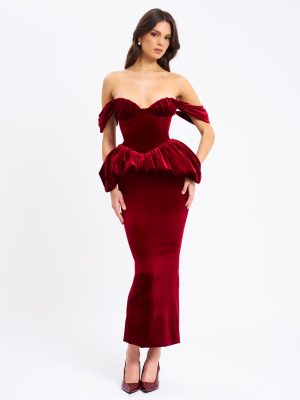 Abigail Velvet Off Shoulder Bubble Hem Peplum Maxi Dress