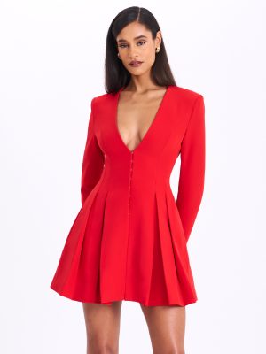 Ubah Red Blazer Pleated Button-up Long Sleeve Mini Dress