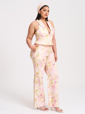 Lauren Pink Floral Print Ruched Back Linen Suit Vest