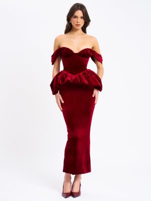Abigail Velvet Off Shoulder Bubble Hem Peplum Maxi Dress