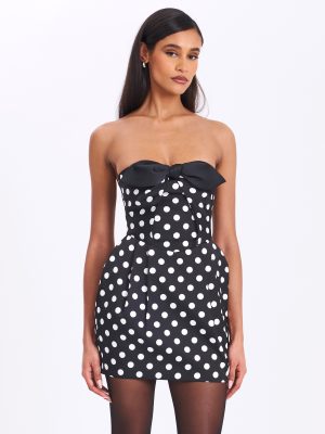 Tahira Black Polka Strapless Mini Dress with Bow